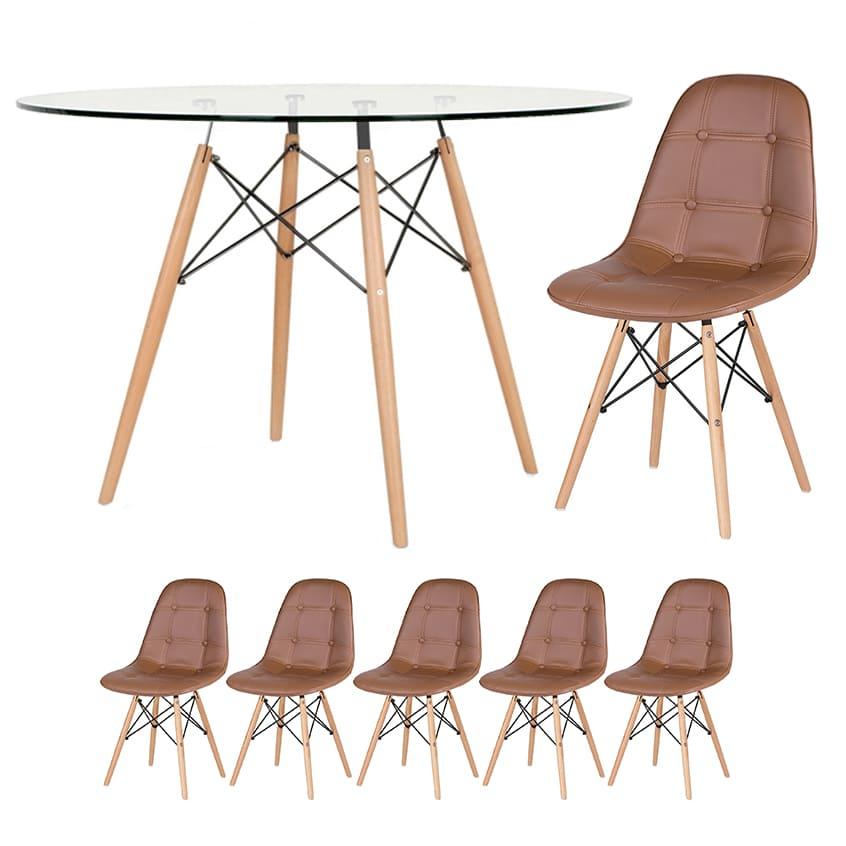 Mesa Eames Com Tampo De Vidro 120 Cm + 5 Cadeiras Estofadas Eiffel Botonê Marrom