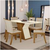 Conjunto Sala De Jantar Mesa 160cm Vidro 6 Cadeiras Kesha Casa 812 Nature Off White E Linho