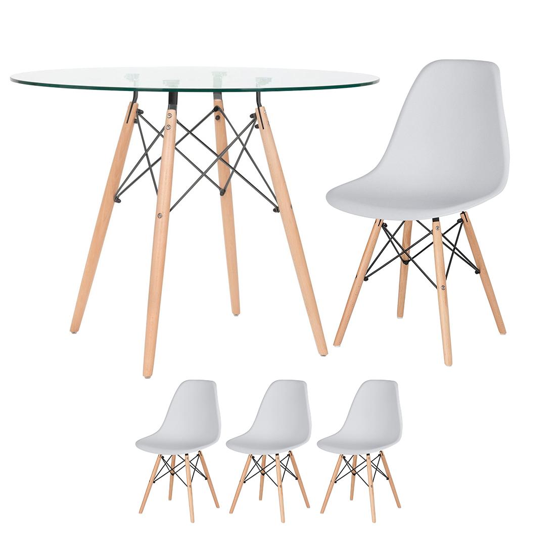 Mesa Redonda Eames Com Tampo De Vidro 100 Cm + 3 Cadeiras Eiffel Dsw Cinza Claro