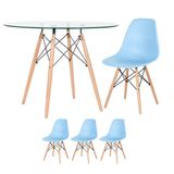 Mesa Redonda Eames Com Tampo De Vidro 100 Cm + 3 Cadeiras Eiffel Dsw Azul Claro