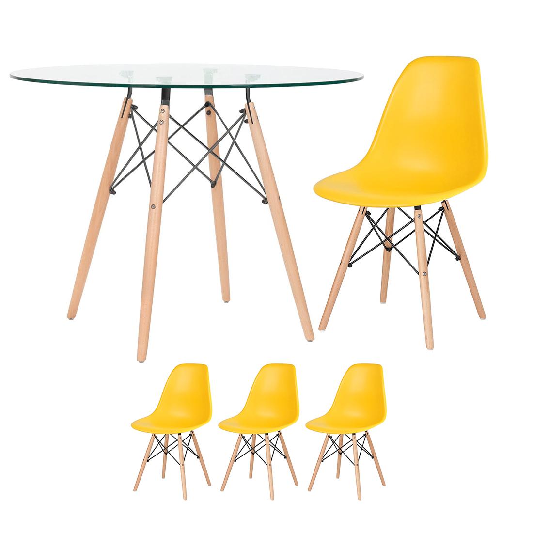 Mesa Redonda Eames Com Tampo De Vidro 100 Cm + 3 Cadeiras Eiffel Dsw Amarelo