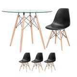 Mesa Redonda Eames Com Tampo De Vidro 100 Cm + 3 Cadeiras Eiffel Dsw Preto