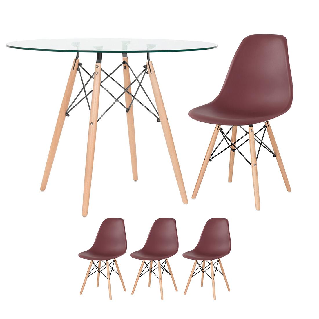 Mesa Redonda Eames Com Tampo De Vidro 100 Cm + 3 Cadeiras Eiffel Dsw Marrom