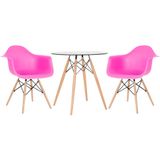 Kit - Mesa Redonda De Vidro Eames 70 Cm + 2 Cadeiras Eiffel Daw Rosa Pink