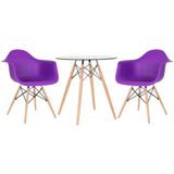 Kit - Mesa Redonda De Vidro Eames 70 Cm + 2 Cadeiras Eiffel Daw Roxo