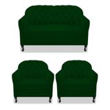 Kit Namoradeira Recamier Sofá mais 02 Poltrona Julia Pés Luís Xv Com Botonê Quarto Sala de Estar Recepção Suede Verde - AM Decor