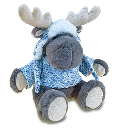 Dollibu Plush Moose Animal Recheado - Soft Fur Huggable Gray Moose Com Suéter &amp; Chapéu, Adorável Pelúcia Brinquedo, Bonito Wild Life Cud