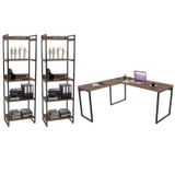Conjunto Escritório Estilo Industrial Mesa 150x150cm e 2 Estantes 60cm 5 Prateleiras Prisma Nogal - Mpozenato