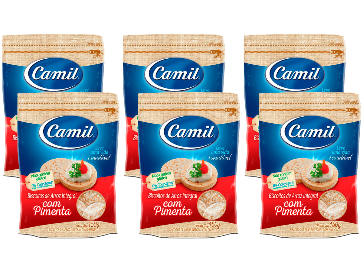 Kit 6 Biscoito Arroz Integral Sem Glúten Pimenta Camil 150g