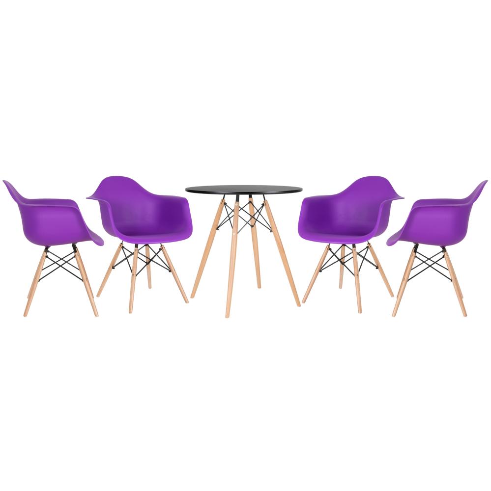 Kit - Mesa Eames 70 cm preto + 4 cadeiras Eiffel DAW com braços roxo