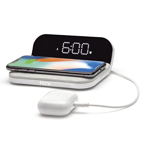 Ihome Iw18 Compact Digital Alarm Clock Com Carregamento Usb E Qi Wireless Para Iphone 12, 11, Xr, Xs, X, 8, Galaxy S20, Z Flip, Fold, S10, S