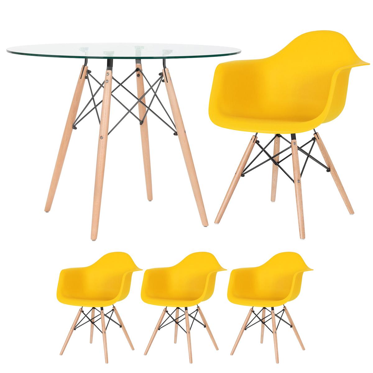 Mesa Redonda Eames Com Tampo De Vidro 100 Cm + 3 Cadeiras Eiffel Daw Amarelo