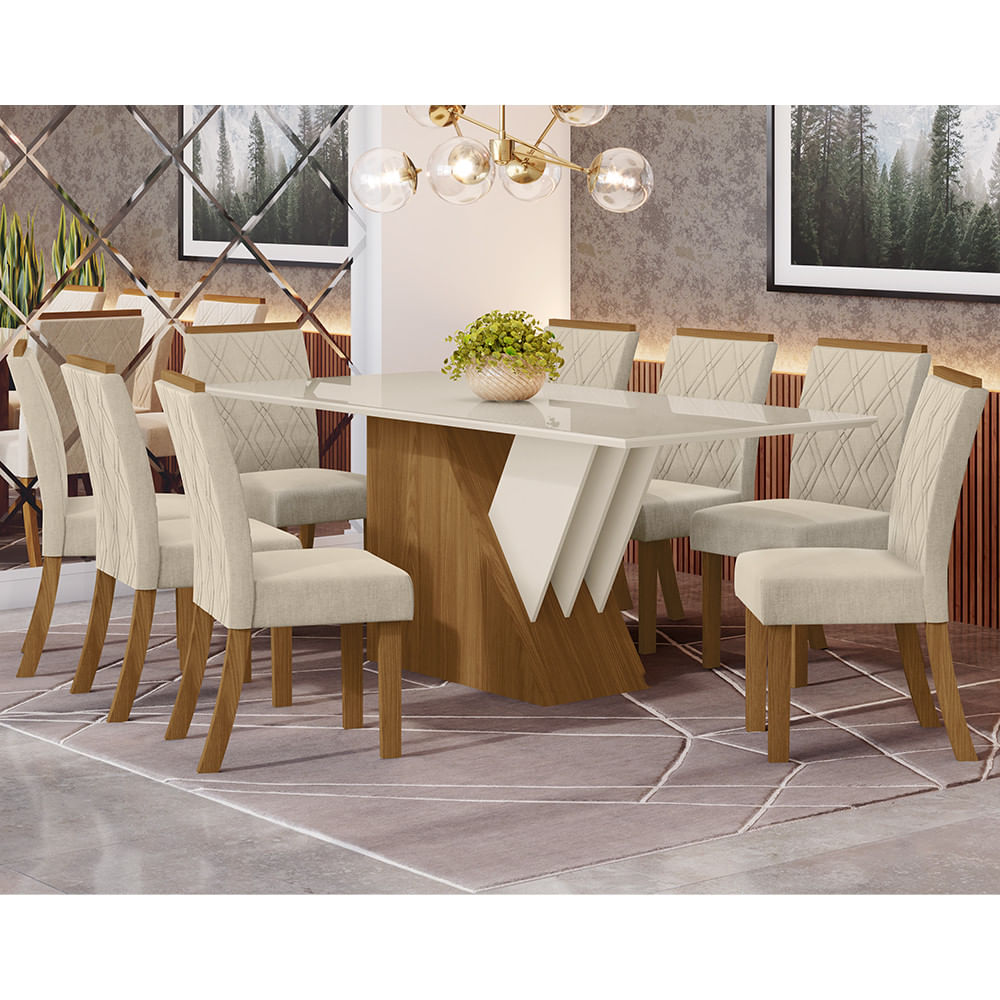 Conjunto Sala De Jantar Tampo Mdf Canto Reto Com Vidro 200 Cm 08 Cadeiras Cecily Henn