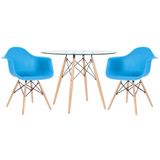 Mesa Redonda Eames Com Tampo De Vidro 100 Cm + 2 Cadeiras Eiffel Daw Azul Céu