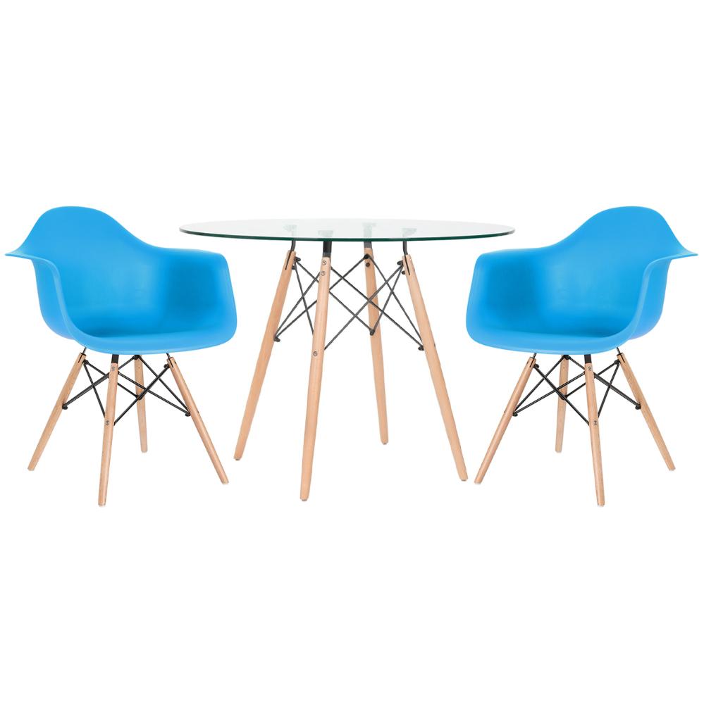 Mesa Redonda Eames Com Tampo De Vidro 100 Cm + 2 Cadeiras Eiffel Daw Azul Céu