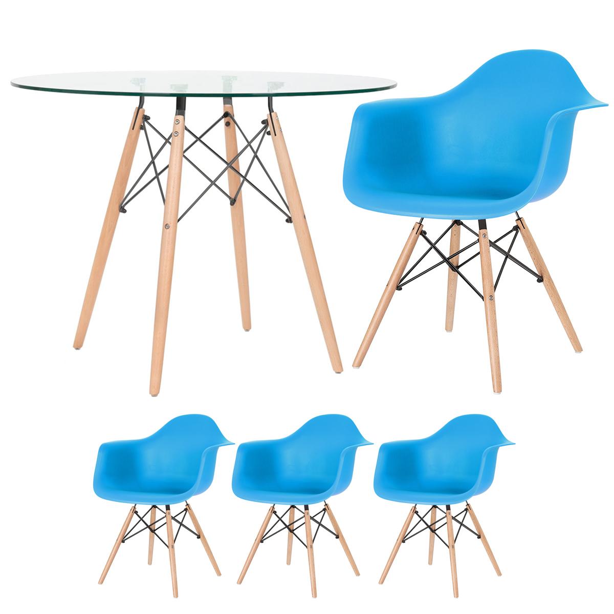 Mesa Redonda Eames Com Tampo De Vidro 100 Cm + 3 Cadeiras Eiffel Daw Azul Céu