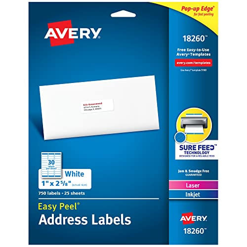 Etiquetas De Endereço Avery Com Alimentação Segura Para Impressoras Laser &amp; Inkjet, 1 X 2-5/8, 750 Etiquetas – Ótimo Para Etiquetas