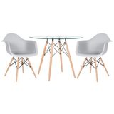 Mesa Redonda Eames Com Tampo De Vidro 100 Cm + 2 Cadeiras Eiffel Daw Cinza Claro