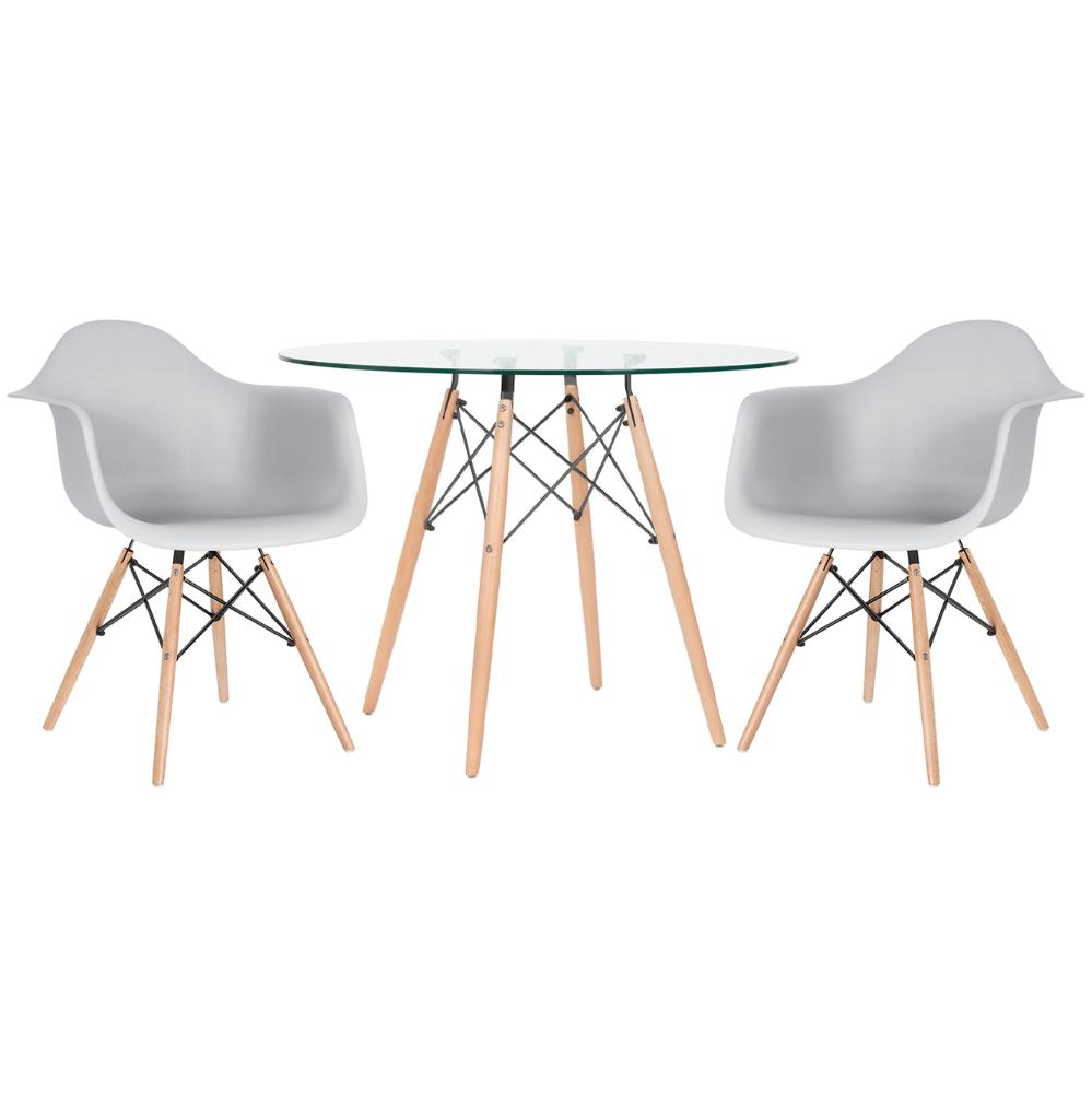 Mesa Redonda Eames Com Tampo De Vidro 100 Cm + 2 Cadeiras Eiffel Daw Cinza Claro