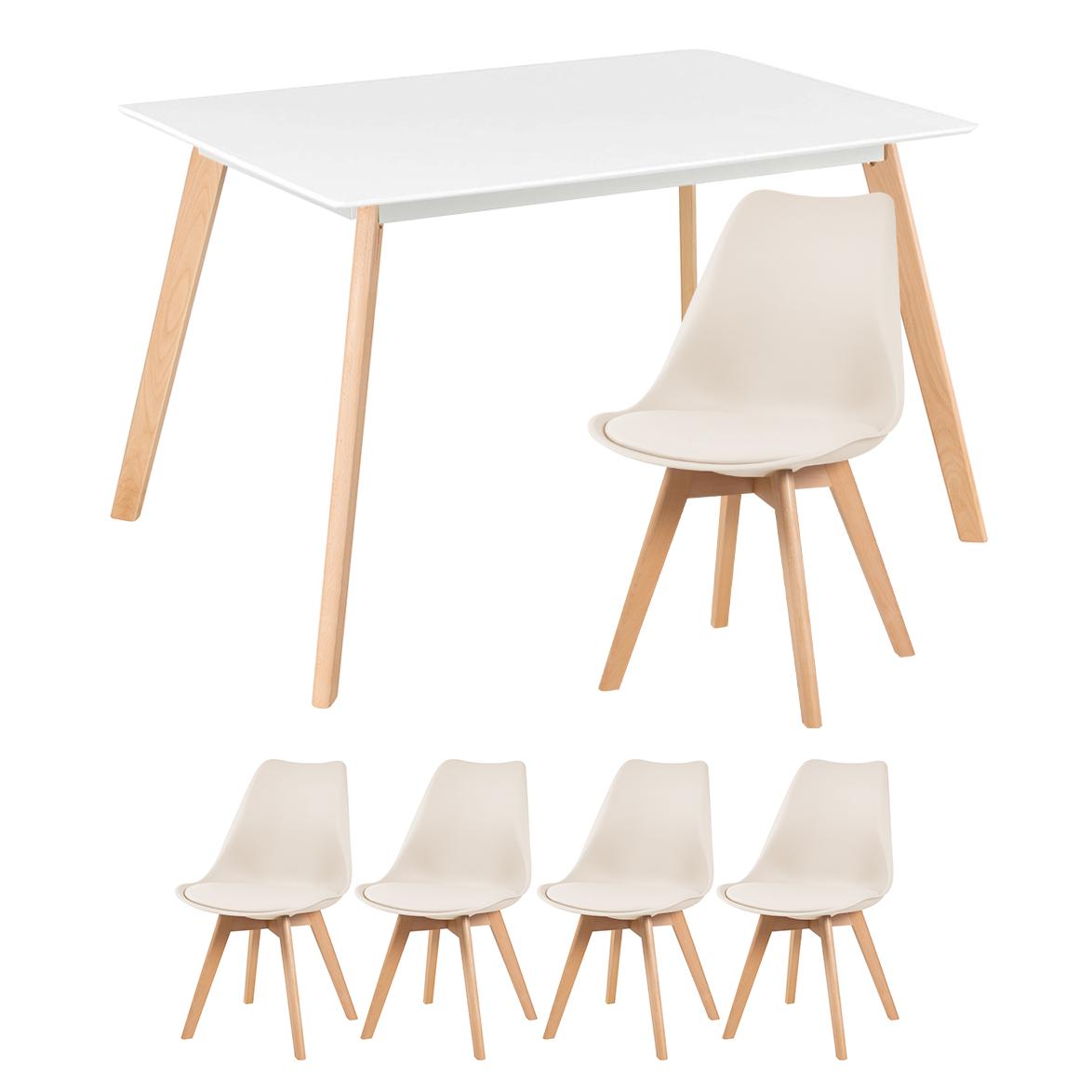 Mesa De Jantar Retangular 80 X 120 Cm Branco + 4 Cadeiras Estofadas Leda Creme