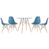 Kit - Mesa Redonda De Vidro Eames 80 Cm + 4 Cadeiras Eiffel Dsw Turquesa