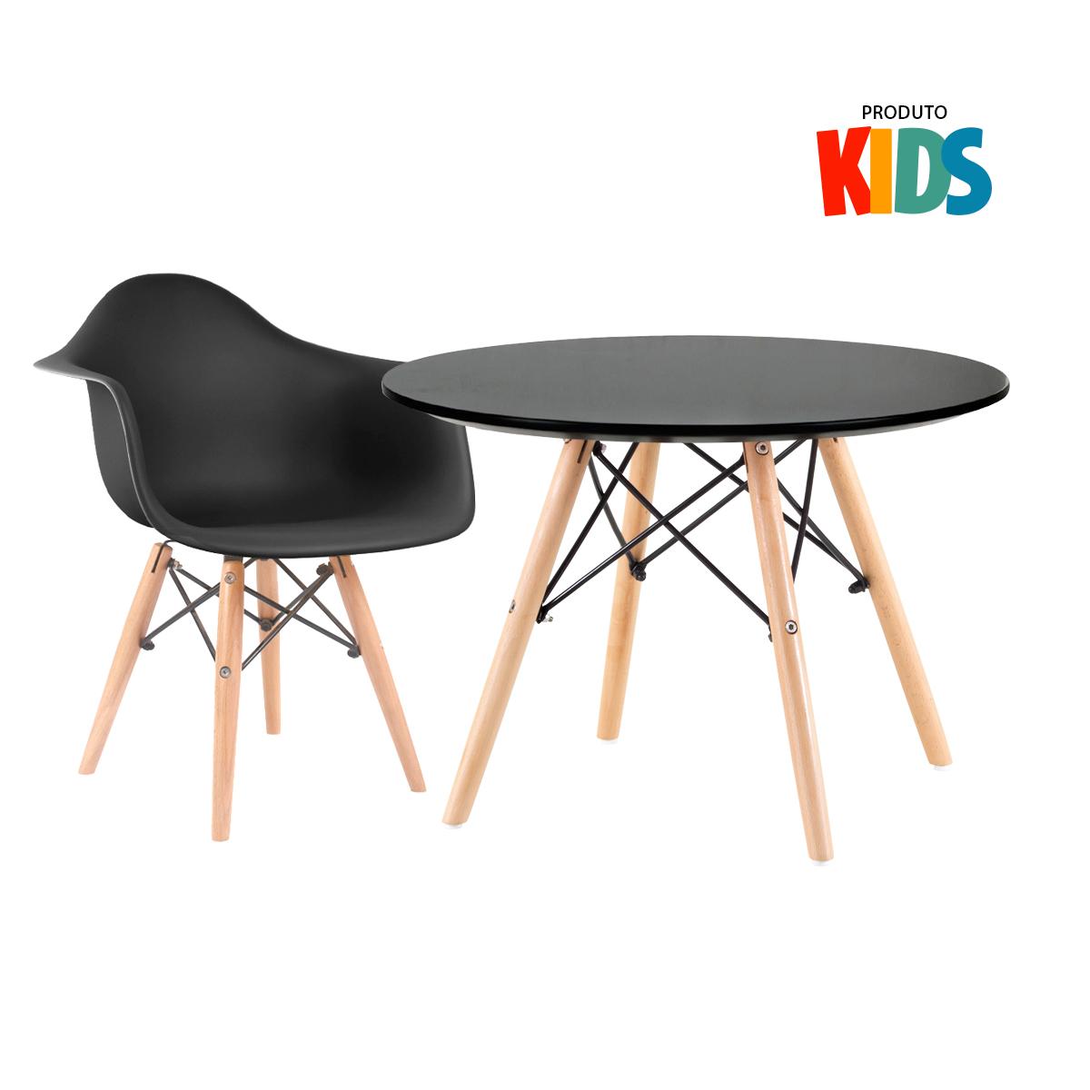 Conjunto Infantil - Mesa Eames Junior Preto + 1 Cadeira Eiffel Junior Com Braços Preto