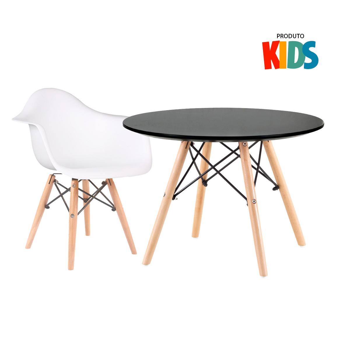 Conjunto Infantil - Mesa Eames Junior Preto + 1 Cadeira Eiffel Junior Com Braços Branco