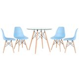 Kit - Mesa Redonda De Vidro Eames 80 Cm + 4 Cadeiras Eiffel Dsw Azul Claro