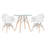 Kit - Mesa Redonda De Vidro Eames 80 Cm + 2 Cadeiras Eiffel Daw Branco