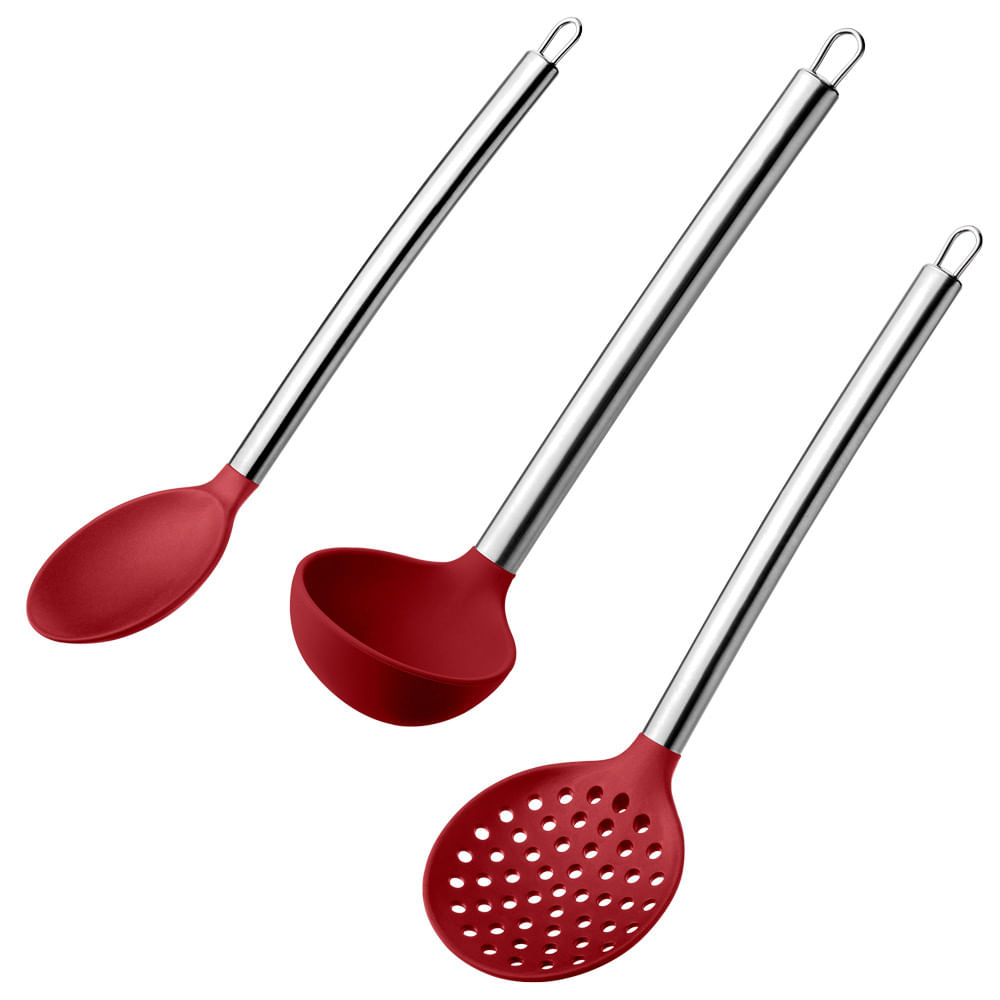 Kit Para Servir De Silicone Com Cabo De Inox Colher Concha Espumadeira Ud073 Vermelho