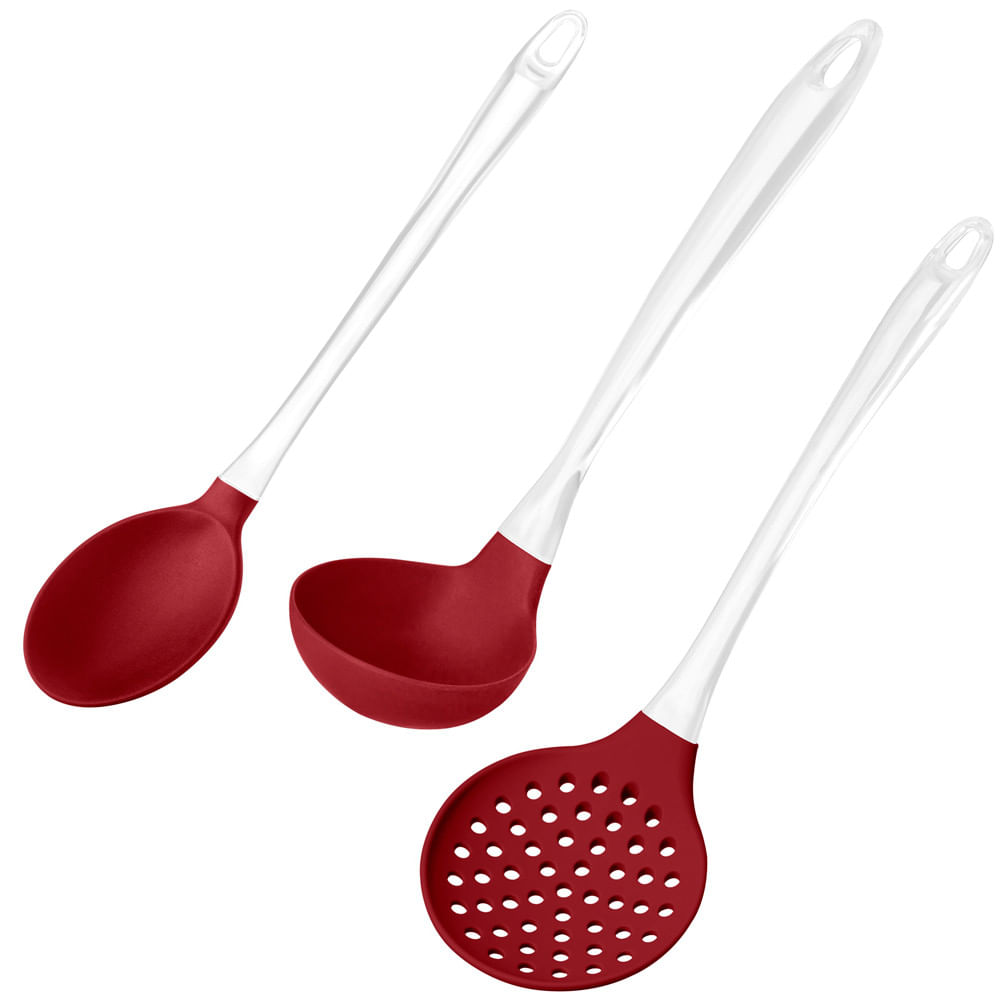 Kit Para Servir De Silicone E Cabo Acrílico Colher Concha E Escumadeira Vermelho Up Home - Ud037