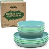 Grow Forward Kids Bamboo Bowl And Plate Set - 4 Pratos De Bambu & 4 Tigelas De Bambu - Pratos Infantis - Bpa Free & Dishwasher Safe - Eco Friendly Bi