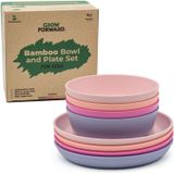 Grow Forward Kids Bamboo Bowl And Plate Set - 4 Pratos De Bambu & 4 Tigelas De Bambu - Pratos Infantis - Bpa Free & Dishwasher Safe - Eco Friendly Bi