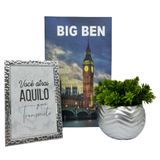 Kit Decoração Livro Big Ben + Vaso Prata + Porta Retrato