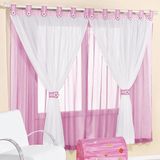 Cortina Infantil Juvenil Para Varão Tecido Voal 2,00 X 1,70 Metros Alt - Rosa E Branco