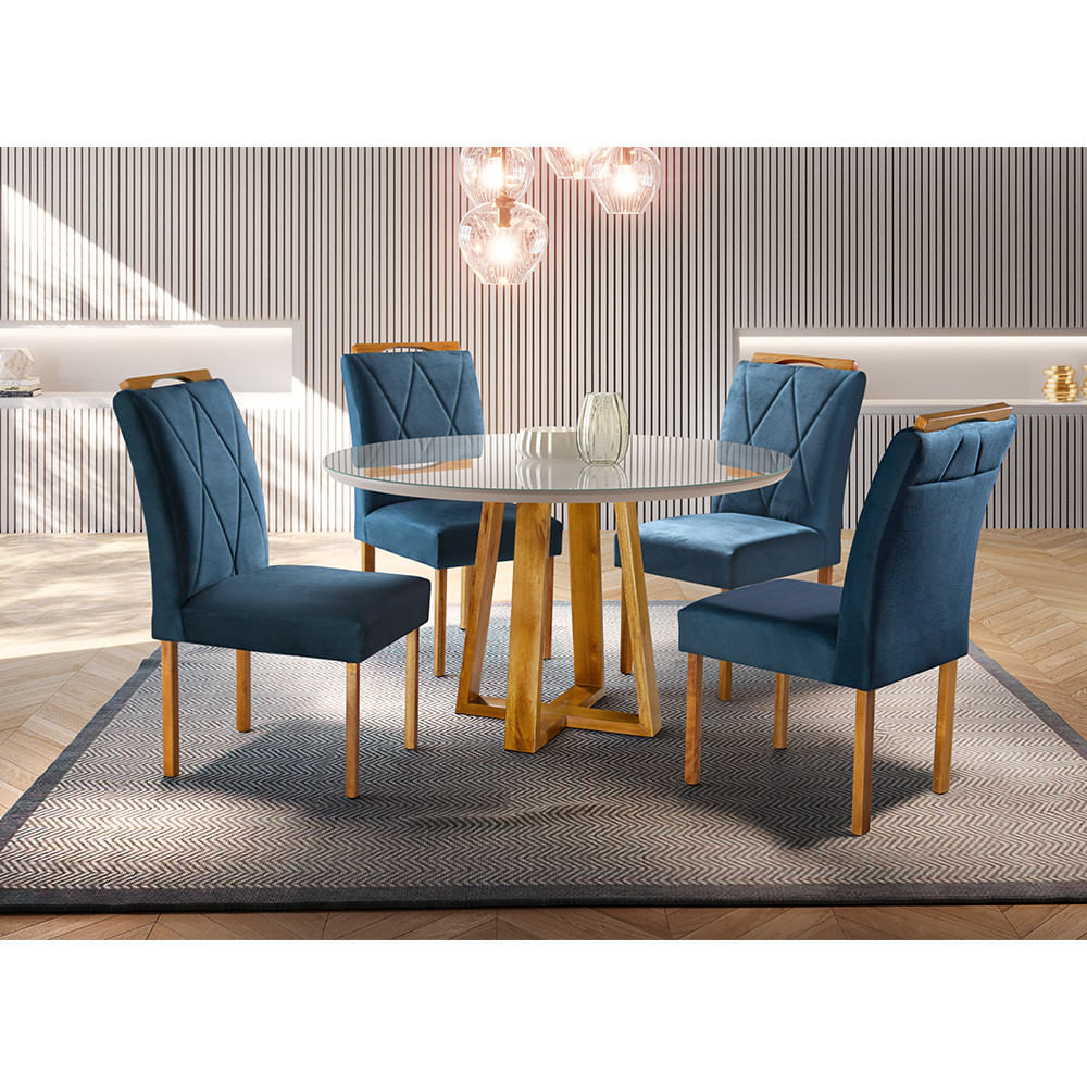 Conjunto Sala De Jantar 4 Lugares Mesa Redonda 1,2m E 4 Cadeiras Azul Turquesa Escuro Moveis Mix