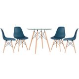 Kit - Mesa Redonda De Vidro Eames 80 Cm + 4 Cadeiras Eiffel Dsw Azul Petróleo
