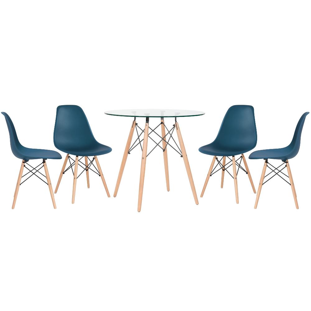 Kit - Mesa Redonda De Vidro Eames 80 Cm + 4 Cadeiras Eiffel Dsw Azul Petróleo