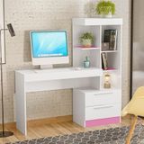 Mesa Para Computador Escrivaninha Home Office Estudos 2 Gavetas Escritório Quarto Branco E Rosa Flex