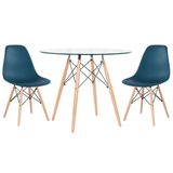 Kit - Mesa Eames Com Tampo De Vidro 80 Cm + 2 Cadeiras Eiffel Dsw Azul Petróleo