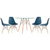 Kit - Mesa De Vidro Eames 100 Cm + 4 Cadeiras Eiffel Dsw Azul Petróleo