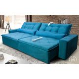 Sofá Retrátil/Reclinável Islândia 2,10m Suede Veludo Azul c/ Molas no Assento - King Kong