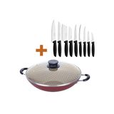 Kit - Panela Wok 6L Alumínio 36 Cm Paris Vermelho + 1 Conjunto Facas 9pç - Tramontina