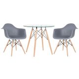 Kit - Mesa Redonda De Vidro Eames 80 Cm + 2 Cadeiras Eiffel Daw Cinza Escuro