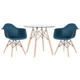 Kit - Mesa Redonda De Vidro Eames 80 Cm + 2 Cadeiras Eiffel Daw Azul Petróleo