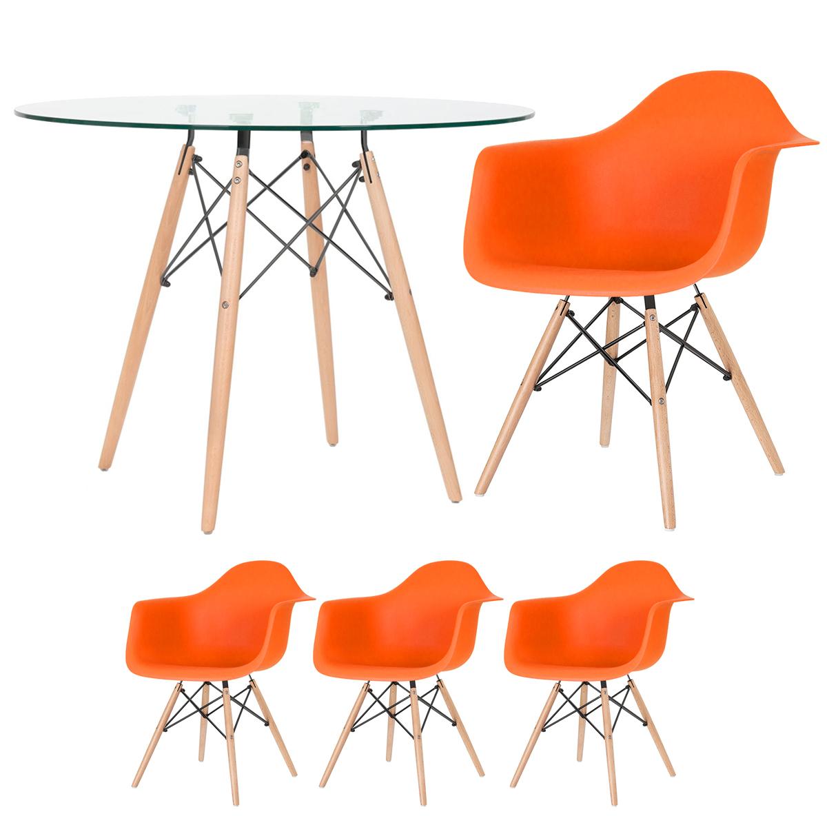 Mesa Redonda Eames Com Tampo De Vidro 100 Cm + 3 Cadeiras Eiffel Daw Laranja