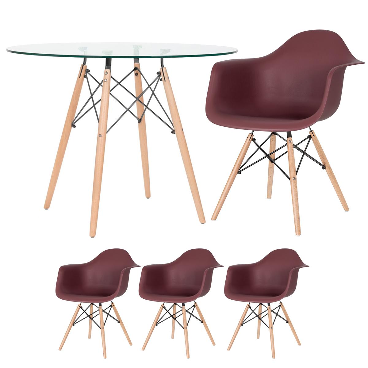 Mesa Redonda Eames Com Tampo De Vidro 100 Cm + 3 Cadeiras Eiffel Daw Marrom