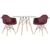 Mesa Redonda Eames Com Tampo De Vidro 100 Cm + 2 Cadeiras Eiffel Daw Marrom