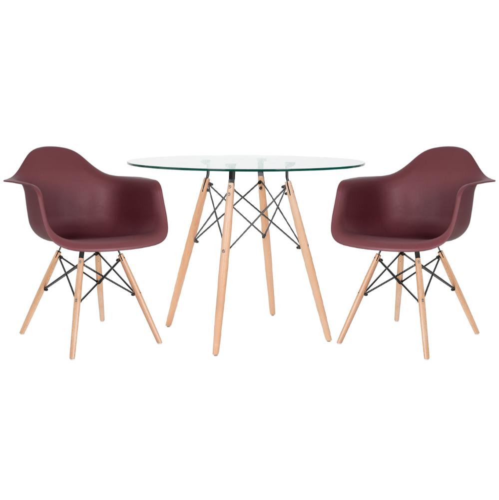 Mesa Redonda Eames Com Tampo De Vidro 100 Cm + 2 Cadeiras Eiffel Daw Marrom