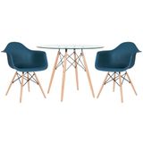 Mesa Redonda Eames Com Tampo De Vidro 100 Cm + 2 Cadeiras Eiffel Daw Azul Petróleo